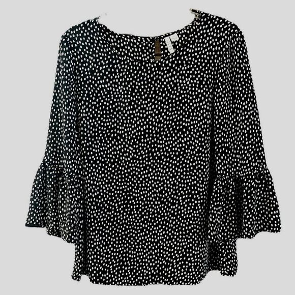 Elle Black White Polka Dot Bell Sleeve Twee Minimalist Preppy Blouse Size Small - Picture 1 of 12